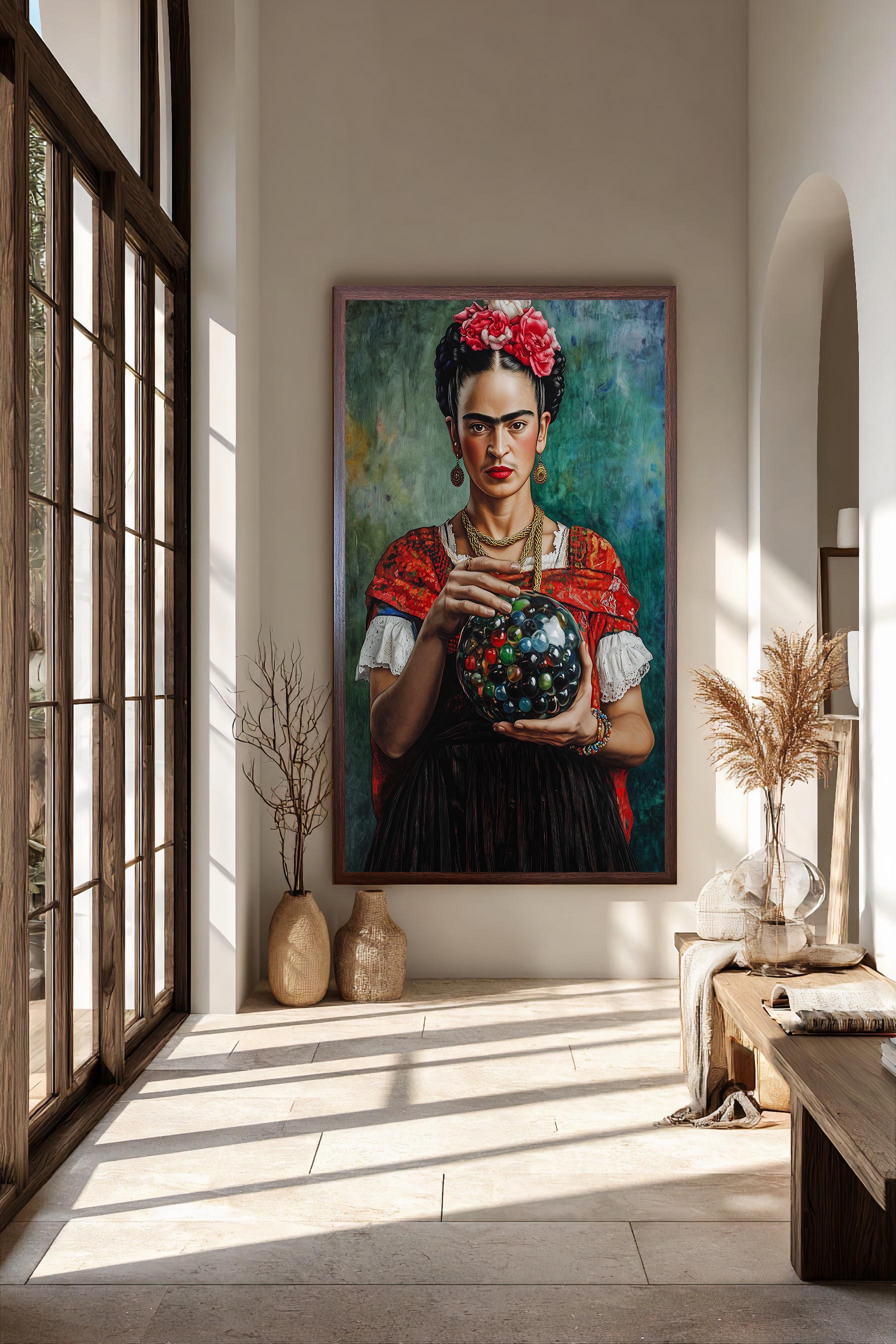 インテリア絵画: メキシコのアーティストVENA2(べナードス)の作品 メキシコの民族風女性キャンバスウォールアートプリント、花と象徴的な