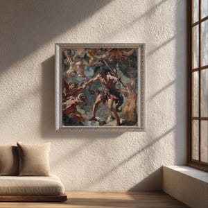 May include: A framed painting depicting a classical battle scene with figures in various poses. The artwork features a central warrior figure with a sword, surrounded by other characters in a dynamic composition. The frame is silver.