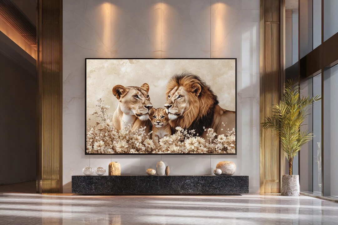 Lion Family Canvas Print, Elegant Lion, Lioness and Cub Wall Art, Warm ...
