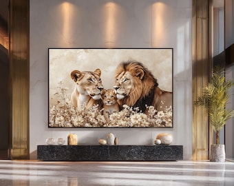 Lion Family Canvas Print, Elegant Lion, Lioness and Cub Wall Art, Warm Wildlife Portrait Canvas for Home Decor