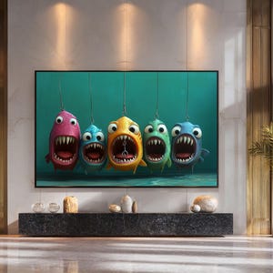 Könnte beinhalten: Ein großes gerahmtes Kunstwerk zeigt fünf Cartoon-Fische in leuchtenden Farben: Pink, Blau, Gelb, Grün und Blau. Jeder Fisch hat ein weit geöffnetes Maul mit scharfen Zähnen, das vor einem türkisfarbenen Hintergrund hängt. Das Kunstwerk wird über einer dunkelgrauen Steinkonsole ausgestellt.