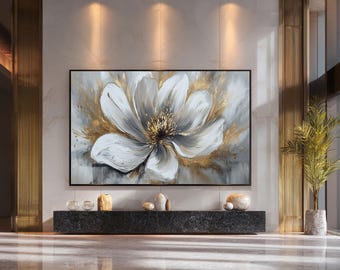 ホワイトフラワーキャンバスウォールアート - ゴールドのアクセントが
