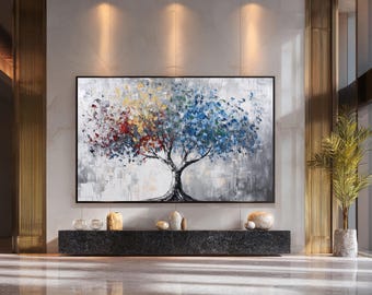 Abstract Colorful Tree Canvas Wall Art, Modern Tree of Life Painting, Contemporary Home Decor Print on Canvas