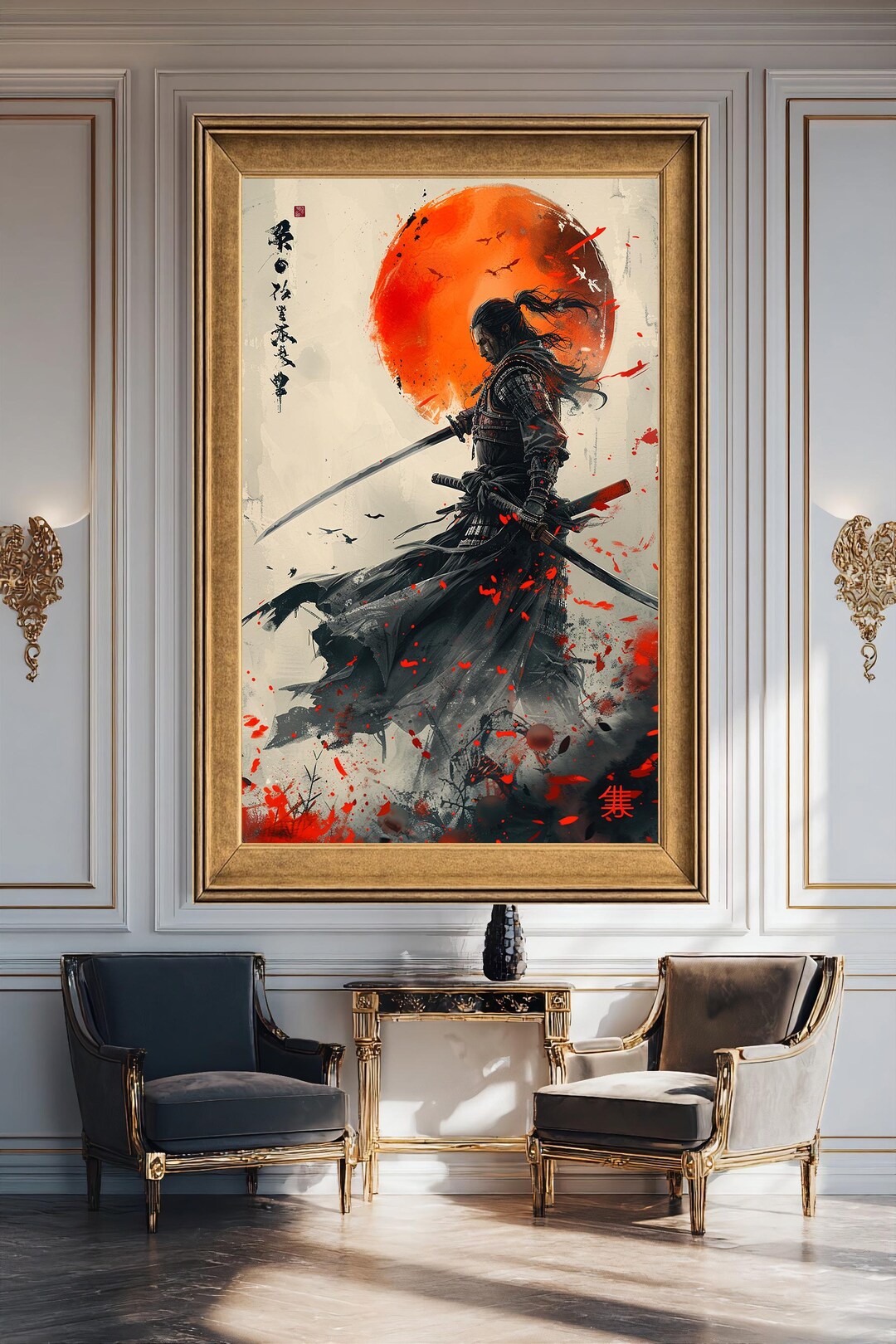 Epic Samurai Warrior Wall Art, Japanese Ink Style Illustration With Red ...