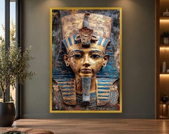 Ancient Egyptian Pharaoh Canvas Print, Golden Tutankhamun Style Wall Art, Historic Egyptian Art Canvas Decor with Blue Gold Tones