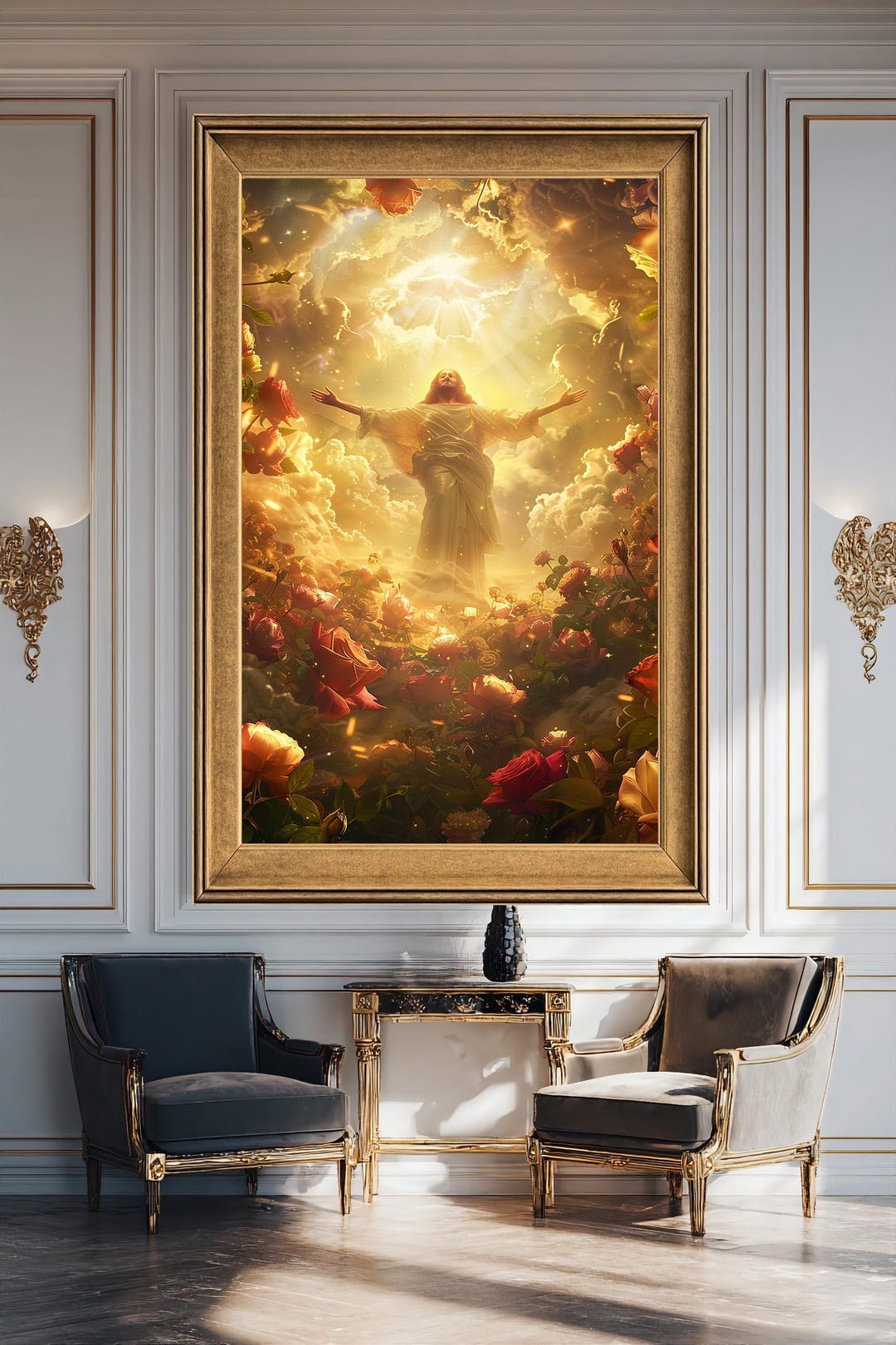 Jesus Ascension Canvas Wall Art, Heavenly Light and Roses, Christian ...