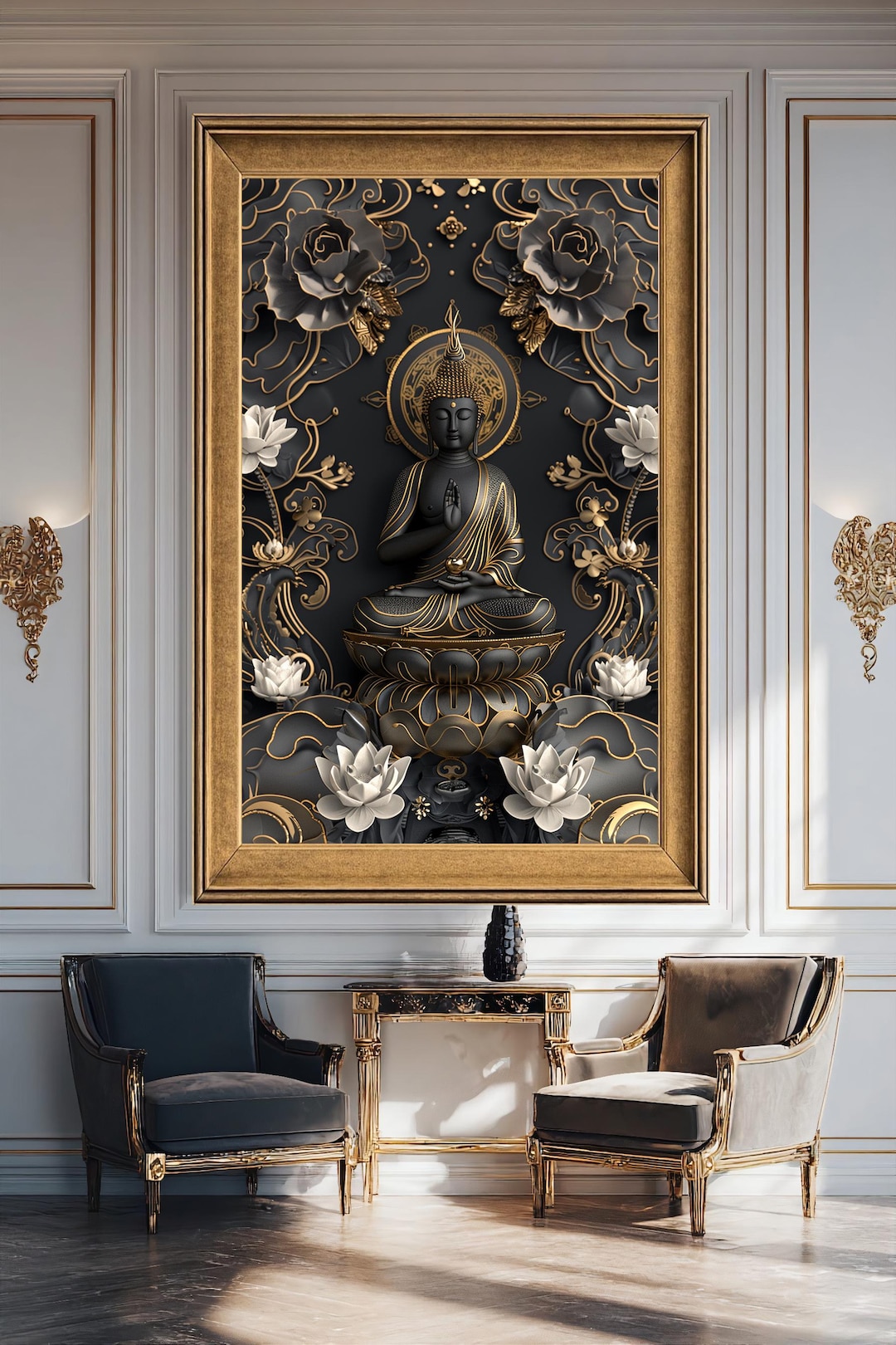 Black and Gold Buddha Meditation Canvas Print With Lotus Details ...