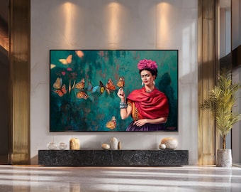 Impresión en lienzo de retrato inspirado en Frida con mariposas, decoración de pared de arte mexicano surrealista, obra de arte femenina colorida para un hogar de estilo bohemio.