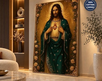 Sacred Heart of Jesus Canvas Wall Art Print, Classical Christian Religious Artwork, Gold Iconic Faith Canvas Painting for Church Home Decor