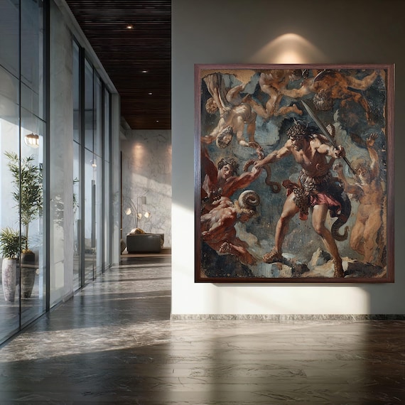 Classical Mythological Battle Canvas Print, Baroque Style Heroic Scene with Serpents and Gods, Dramatic Wall Art Decor