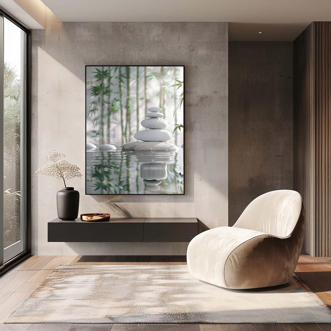 Zen Stone Balance Canvas Wall Art Print, Bamboo Water Reflection Spa ...