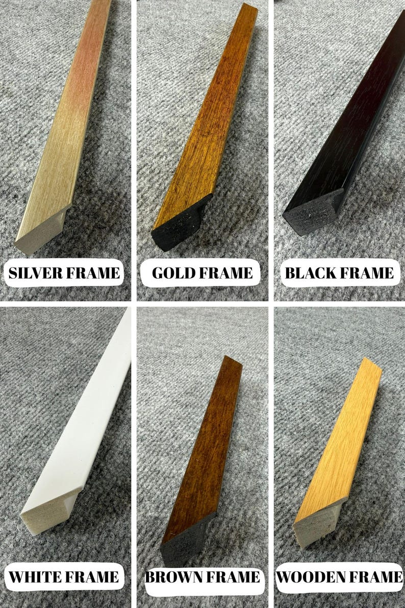 May include: A collection of picture frame samples in various colors. The samples include silver, gold, black, white, brown, and wooden frames. Each frame has a beveled edge and is labeled with its color.