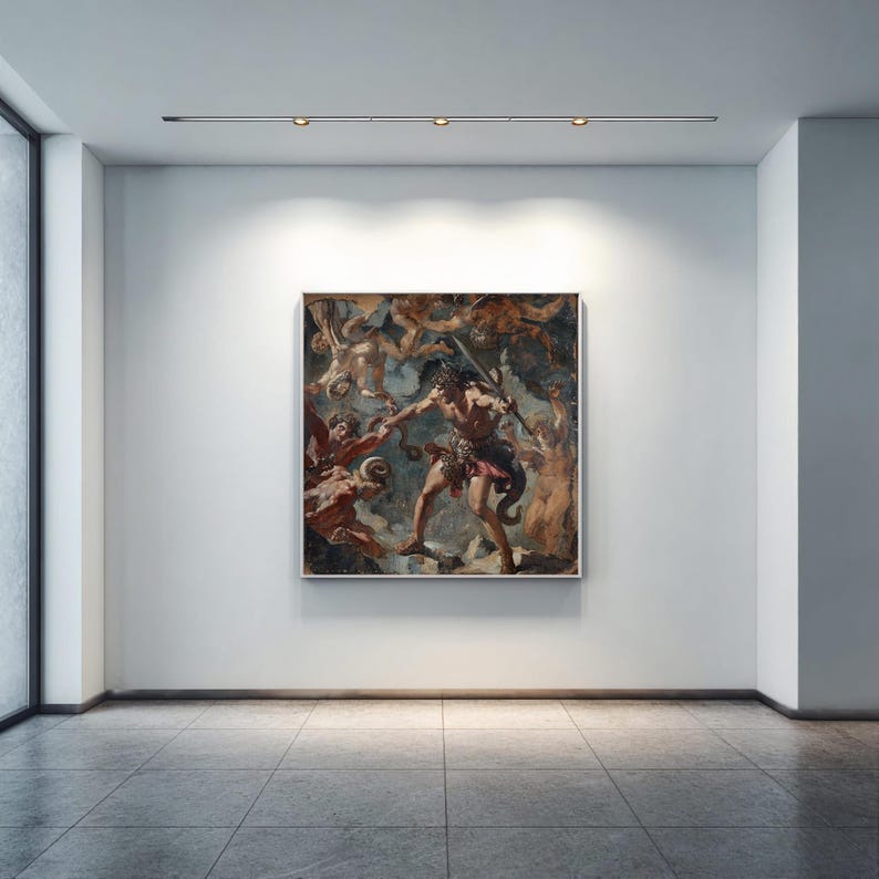 May include: A framed classical painting depicting a battle scene with figures in various poses. The artwork features a palette of browns, reds, and blues, with a focus on dynamic movement and dramatic lighting. The painting is displayed on a white wall in a modern room.