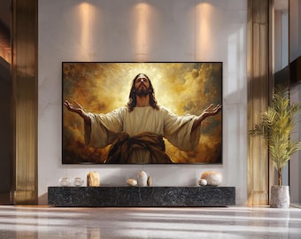 Op de afbeelding: Een ingelijst kunstwerk dat een figuur met uitgestrekte armen toont tegen een achtergrond van gouden licht en wolken. Het kunstwerk wordt tentoongesteld boven een donkere, rechthoekige consoletafel met decoratieve objecten. De kamer heeft marmeren muren, gouden accenten en een potplant.
