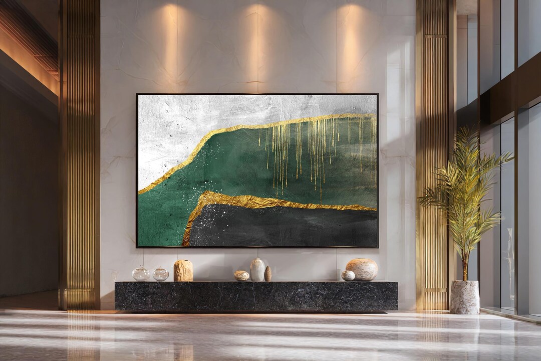 Abstract Green and Gold Canvas Wall Art, Modern Minimalist Painting ...