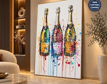 Colorful Champagne Bottles Pop Art Canvas Print for Modern Kitchen, Bar or Dining Room Wall Decor with Bold Splash Style