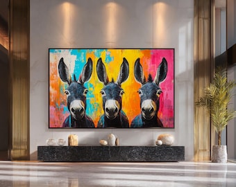 Kleurrijk canvas ezeltrio speelse moderne dierenmuurkunst levendige pop-art boerderijdecor eigentijds canvaskunstwerk