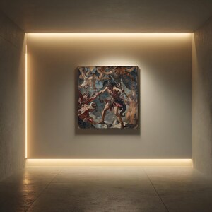 May include: A framed painting depicting a dramatic battle scene with figures in shades of red, blue, and brown. The artwork is illuminated by a warm light in a modern, minimalist space. The painting is the focal point of the room.