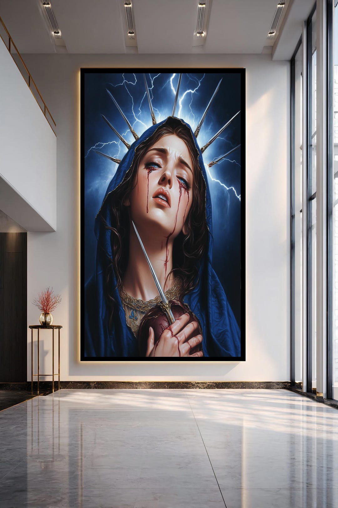 Sorrowful Virgin Mary Canvas Wall Art With Sacred Heart and Swords ...