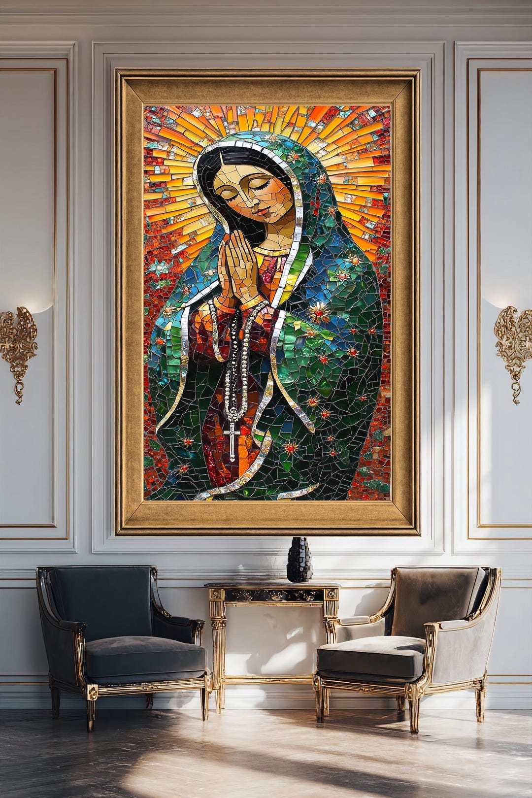 Virgin Mary Mosaic Canvas Print, Colorful Stained Glass Style Madonna ...