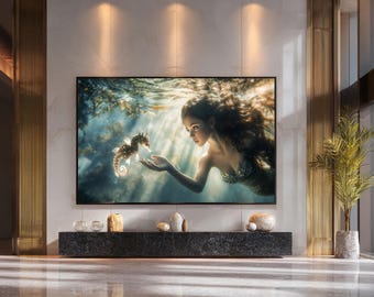 Enchanting Mermaid and Seahorse Canvas Print, Underwater Fantasy Wall Art with Soft Light, Magical Ocean Scene Artwork for Elegant Decor