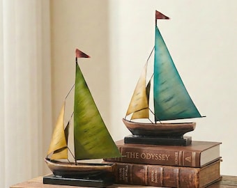 Rustikale Segelboot aus Metall, rustikale Segelboot-Statue aus Eisen, industrielle Bücherregalverzierung, Geschenk für Vater, Mondrian-Stil