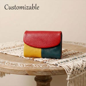 Cartera retro personalizable con bloques de color, tarjetero para mujer, monedero pequeño de tres pliegues hecho a mano, regalo de San Valentín.