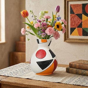 May include: A white ceramic vase with a geometric design of red circles, black triangles, and orange and black rectangles. The vase holds a colorful arrangement of flowers, including pink carnations, yellow sunflowers, and a purple tulip. The vase sits on a wooden table.