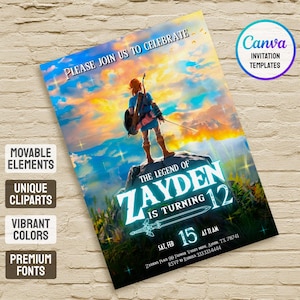 May include: A colorful invitation template with the text "PLEASE JOIN US TO CELEBRATE" and "THE LEGEND OF ZAYDEN IS TURNING 12". The design features a character standing on a rock with a sword, set against a vibrant sky. Includes "MOVABLE ELEMENTS" and "UNIQUE CLIPARTS".
