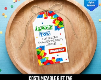Building Blocks printable gift tags, birthday party thank you card, Editable Template, diy blocks bday decorations,  party favors