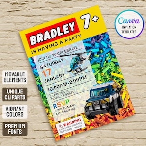 May include: A vibrant party invitation with the name "Bradley" and the age "7+". The design incorporates toy block elements, including a helicopter and a truck, along with party details and RSVP information.