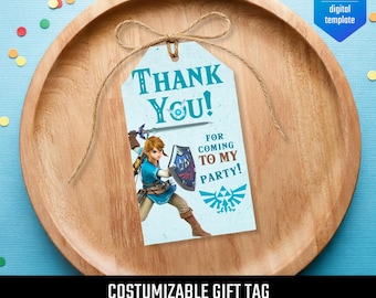 Legend of Zelda druckbare Geschenkanhänger, Geburtstagsfeier Dankeskarte, bearbeitbare Vorlage, DIY Videospieler Geburtstagsdekoration, Gastgeschenke
