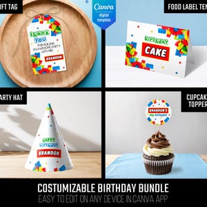 May include: A customizable birthday bundle featuring a gift tag, party hat, food label tent, and cupcake topper. Each item has a colorful building block design with the text "Thank You", "Happy Birthday", and "Cake". The bundle is easy to edit on any device.
