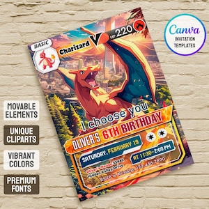 May include: A vibrant birthday invitation card with a Charizard illustration. The card includes the text "I choose you" and details for Oliver's 6th birthday, including the date, time, and location. The design also highlights "movable elements" and "vibrant colours".