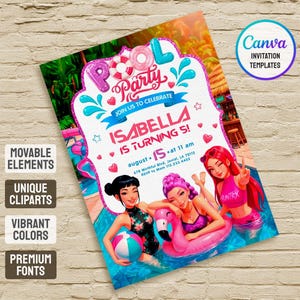 May include: A pool party invitation template featuring three characters in a swimming pool. The text reads: POOL PARTY, JOIN US TO CELEBRATE, ISABELLA IS TURNING 5!, August 15 at 11 am, 678 Mirthful Blvd, Jevial, LA 70112, RSVP to Mom 112.233.4455.