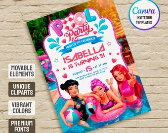 May include: A pool party invitation template featuring three characters in a swimming pool. The text reads: POOL PARTY, JOIN US TO CELEBRATE, ISABELLA IS TURNING 5!, August 15 at 11 am, 678 Mirthful Blvd, Jevial, LA 70112, RSVP to Mom 112.233.4455.