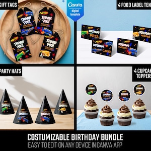 May include: A customizable birthday bundle featuring gift tags, food label tents, party hats, and cupcake toppers. The items have a Nerf theme with images of toy guns and the text "Thank You!" and "Happy Birthday!"