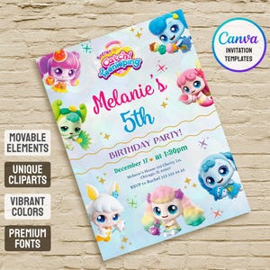 May include: A rectangular birthday party invitation featuring the Secret Catch! Teenieping logo and various colorful cartoon characters. The text reads Melanie's 5th BIRTHDAY PARTY! December 17 at 1:30pm, Melanie's House 333 Cherry Ln, Chicago, IL 60607, RSVP to Rachel 123 123 44 55.