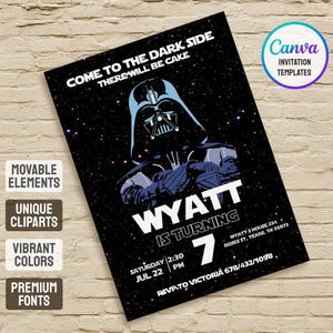 Könnte beinhalten: Schwarze Einladungskarte mit Darth Vader aus Star Wars. Auf der Karte steht "Come to the Dark Side, There Will Be Cake". Sie enthält den Text "Wyatt wird 7" und Eventdetails. Das Canva Invitation Templates Logo befindet sich oben rechts.