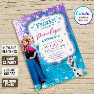 May include: A Frozen-themed birthday invitation with a purple and blue color scheme. The invitation features the characters Anna, Elsa, and Olaf. Text includes "Join our Frozen celebration", the name "Penelope", and party details.