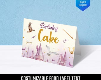 Harry Magical printable table tent, food or name lable, birthday party Editable Template, diy Wizard bday decorations,  party favors