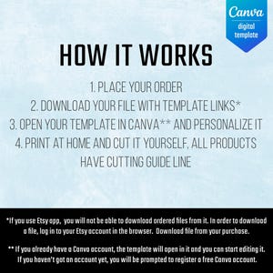 以下が含まれることがあります： 「HOW IT WORKS」というタイトルのデジタルテンプレートの使用手順を説明するガイド。注文、ファイルのダウンロード、Canvaでのテンプレートの開き方、印刷などの手順が含まれています。Canvaのロゴが右上にあります。