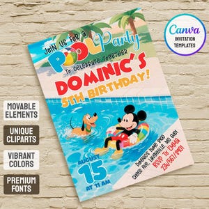 May include: A rectangular pool party invitation card featuring Mickey Mouse in a colorful floatie and Pluto swimming in a blue pool. The text reads Join Us for a Pool Party to Celebrate Together, Dominic's 5th Birthday, August 15 at 11 AM, and RSVP details.
