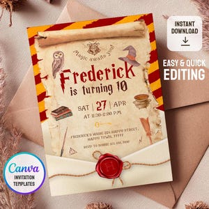 May include: A custom invitation template with a parchment paper design, featuring the text "Frederick is turning 10." The invitation includes illustrations of a wizard hat, owl, and other magical elements. The Canva Invitation Templates logo is visible.