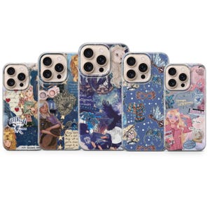 May include: Five phone cases with different designs. The cases feature illustrations of characters, symbols, and quotes. The colour scheme includes blues, purples, and pinks. The cases are designed to fit a smartphone.