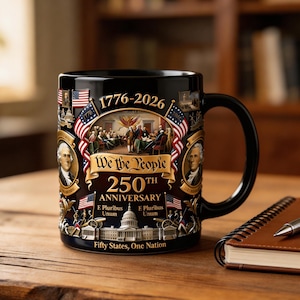 May include: Black ceramic mug commemorating the 250th anniversary of the United States. The mug features the text "1776-2026", "We the People", "250th Anniversary", and "Fifty States, One Nation". It also includes images of the American flag, historical figures, and the U.S. Capitol.