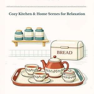 Può includere: Un libro da colorare antistress per adulti con scene accoglienti di cucina e casa. L'immagine presenta una teiera, tazze, pane e barattoli. Il testo sulla copertina del libro recita "Stress Relief Coloring Book for Adults."