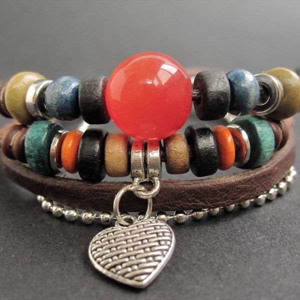 leather bracelet with red opal beads--Free shipping