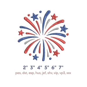 May include: Embroidered firework design in red, white, and blue, featuring star and burst elements. Sizes range from 2 to 7 inches. Includes text indicating various file formats.