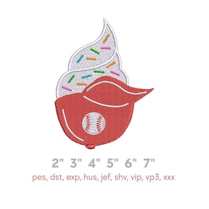 May include: A red baseball-themed design with a baseball and a soft-serve ice cream cone with sprinkles. The design includes the measurements 2" to 7" and the file types: pes, dst, exp, hus, jef, shv, vip, vp3, xxx.